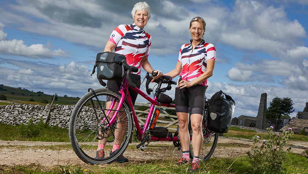 fastest circumnavigation by tandem bicycle collage standing by bike cycling in australia and celebrating with prosecco