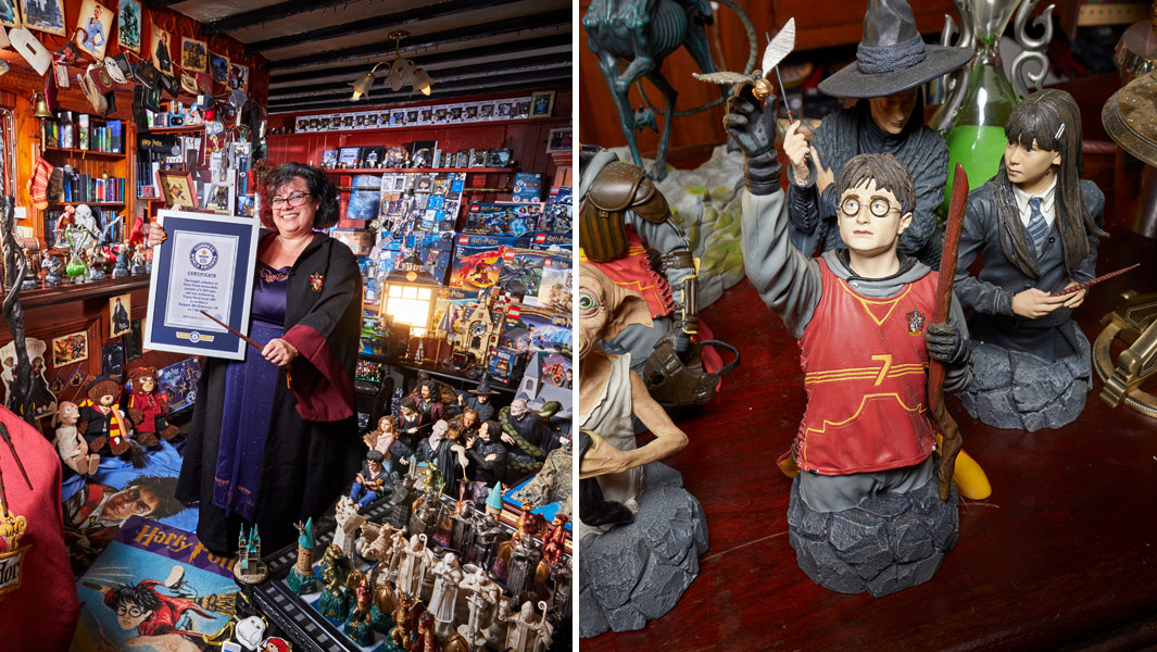 Tracey Nicol Lewis with certificate and Harry Potter figure split header