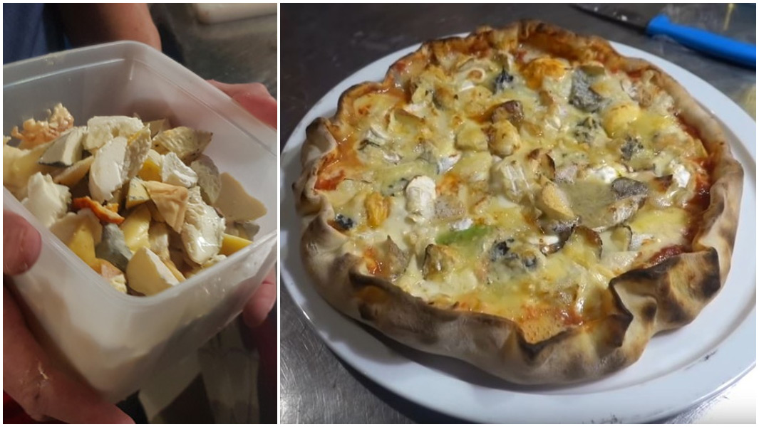 split image of tub of cheese and pizza with most variety of cheese cooked
