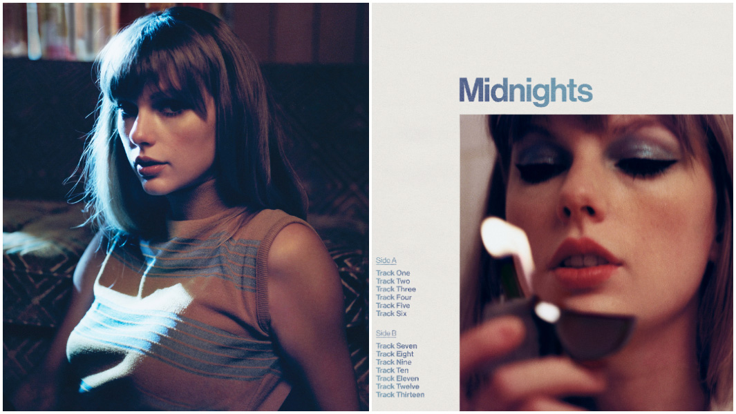 split image of Taylor Swift sitting in a dark room and the album cover of Midnight