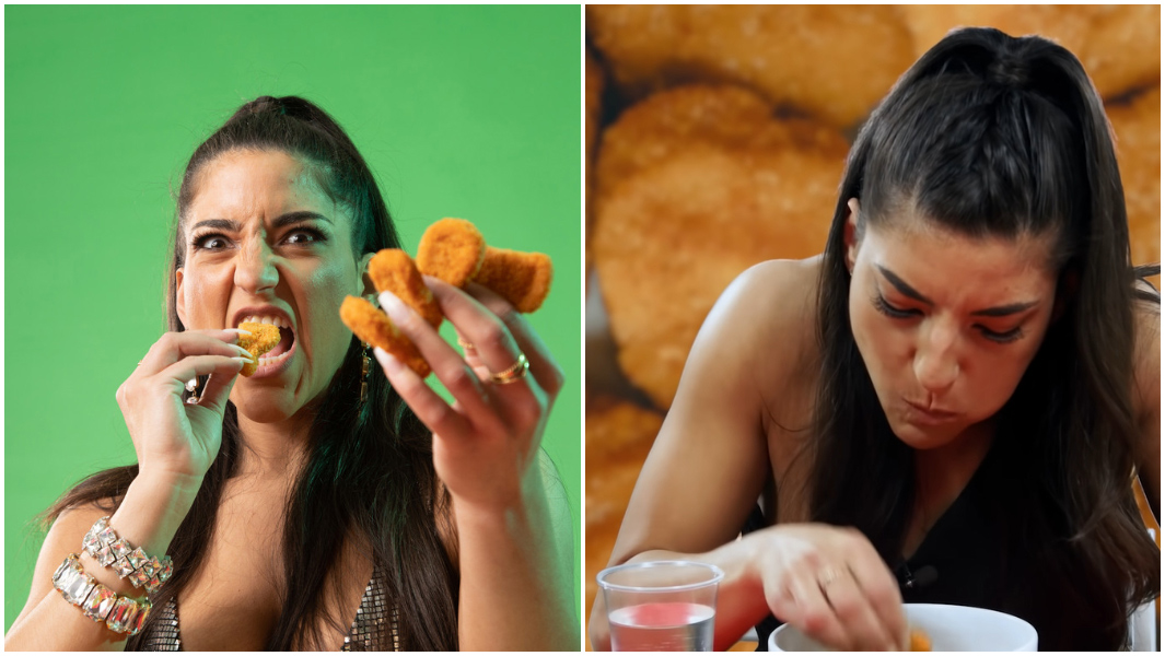 Leah eating chicken nuggets split header