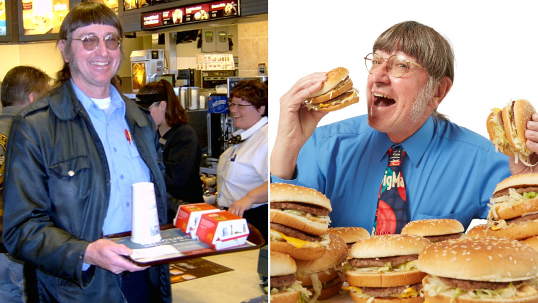 split image of Don Gorske at Mcdonalds and holding two big macs