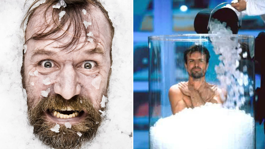 wim hof in snow and ice split image