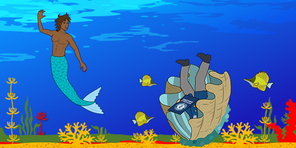 cartoon mermaid next to adjudicator in clam 