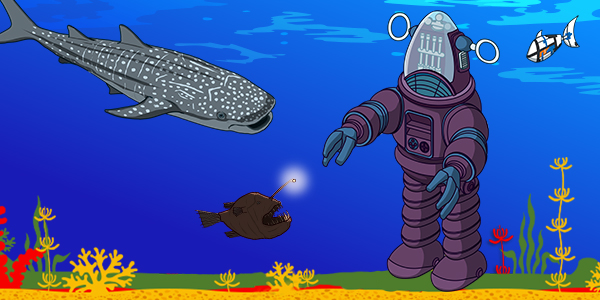 cartoon shark next to robot underwater