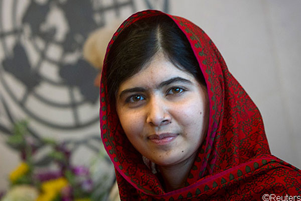 Malala Yousafzai in red head scarf