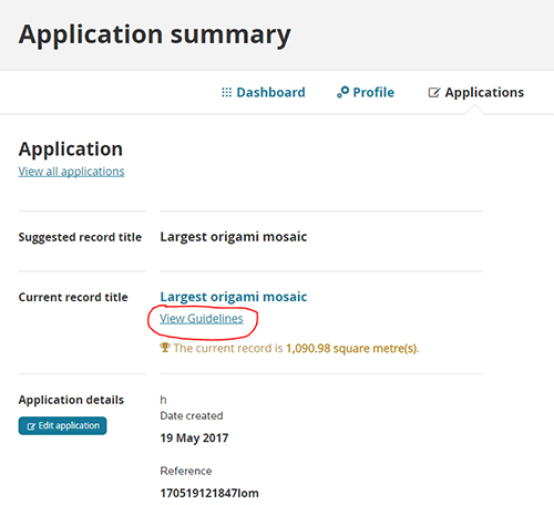 screenshot of application summary highlighting the guidelines